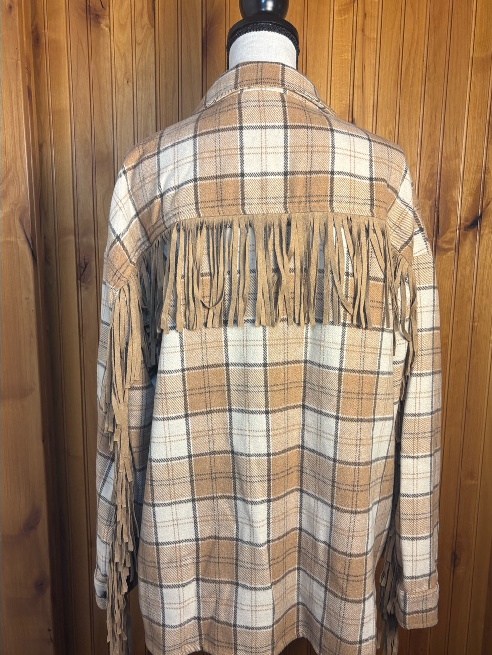 Flying Tomato Beige & Cream Plaid Fringe Jacket, size Medium